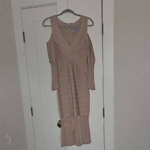 Herve Leger Blush Cold Shoulder Long Sleeve Midi Dress